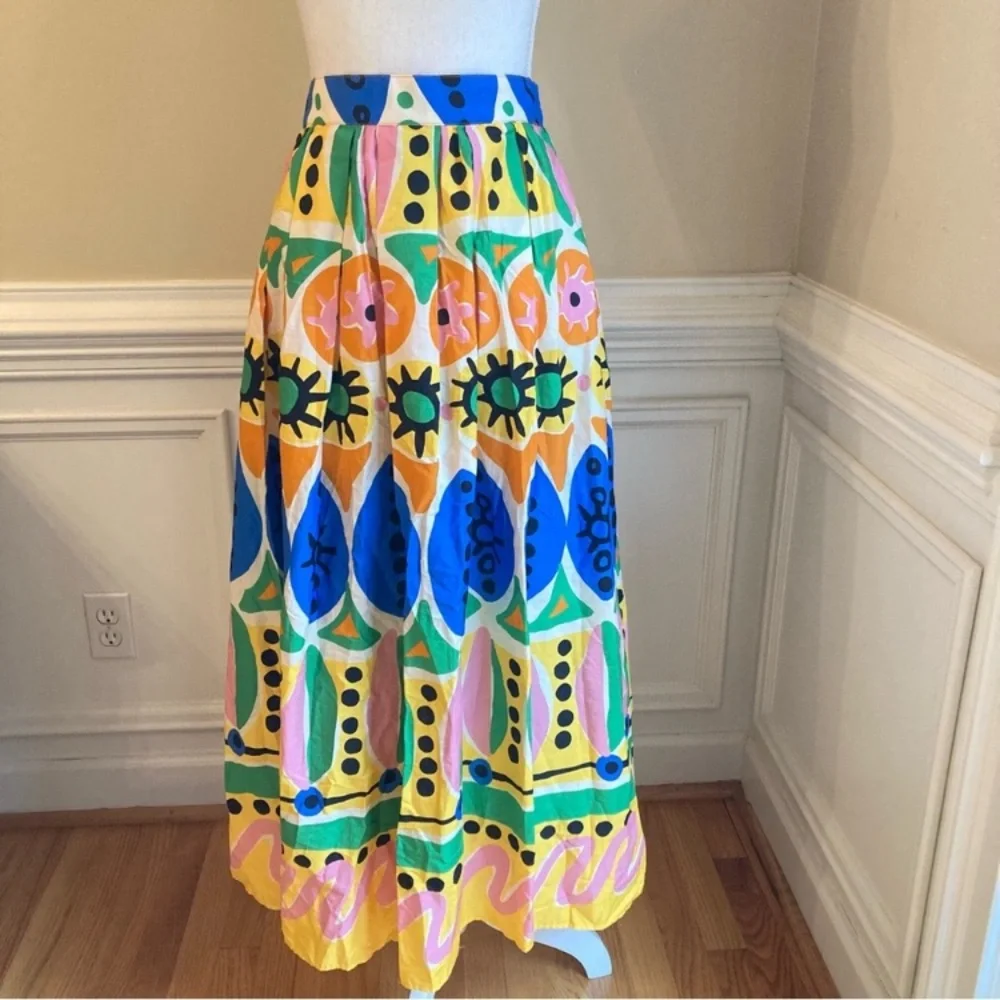 ZARA Colorful Cotton Abstract Batik African Print Pleated Maxi Skirt - Picture 4 of 13